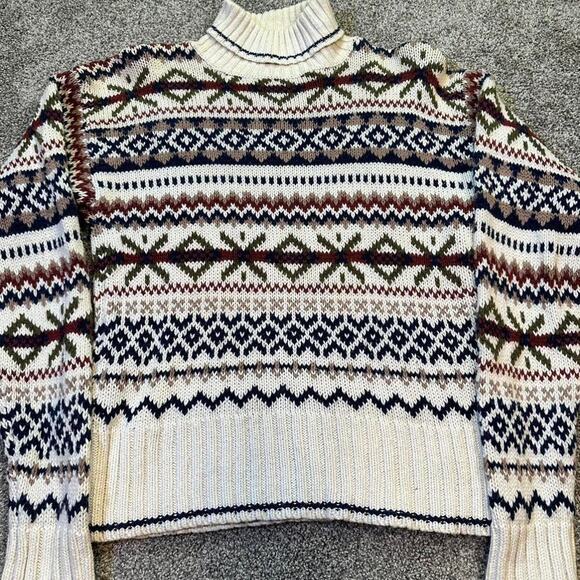 Vintage knitted cottage core sweater turtleneck chunky cream print M - Picture 2 of 5